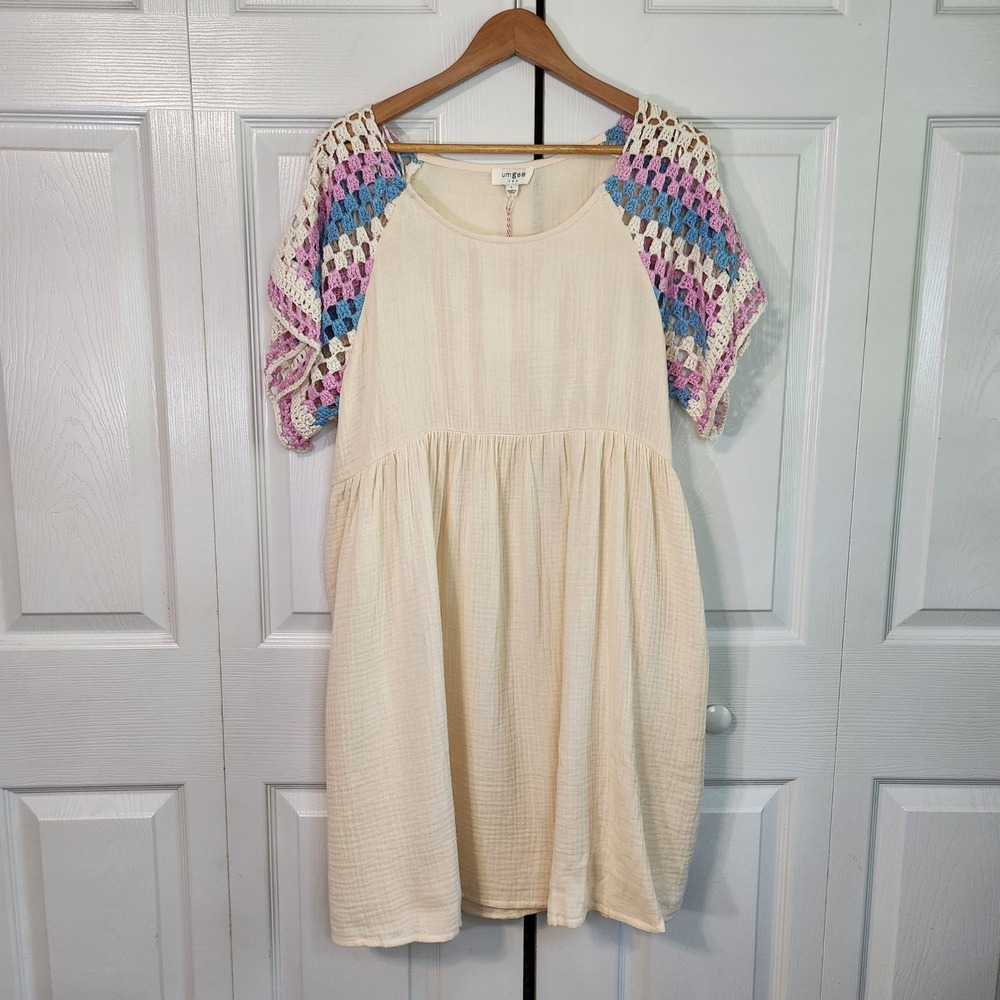 Umgee USA Cream Cotton Gauze Babydoll Dress‎ Crochet Raglan Sleeve Large Cottage
